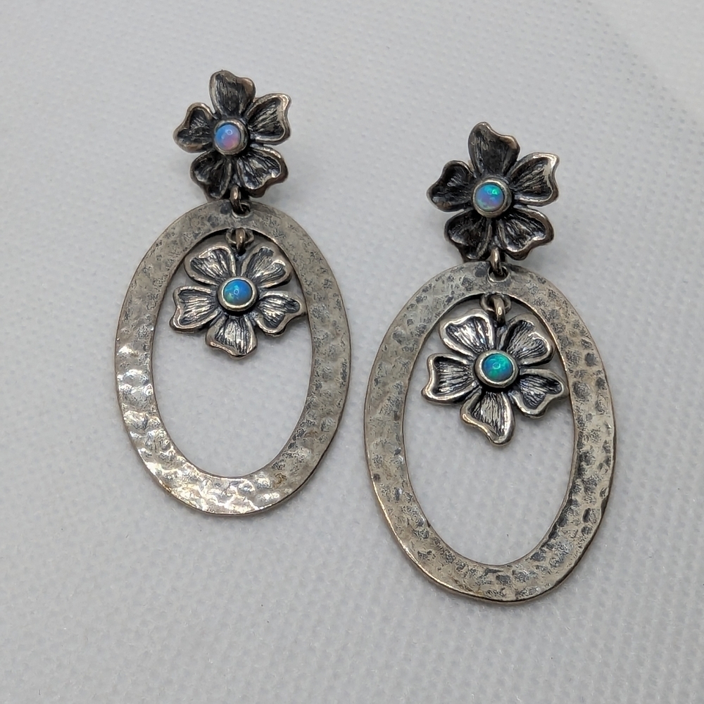 Vintage 14k & Sterling Silver Floral Earrings With Opal Accents